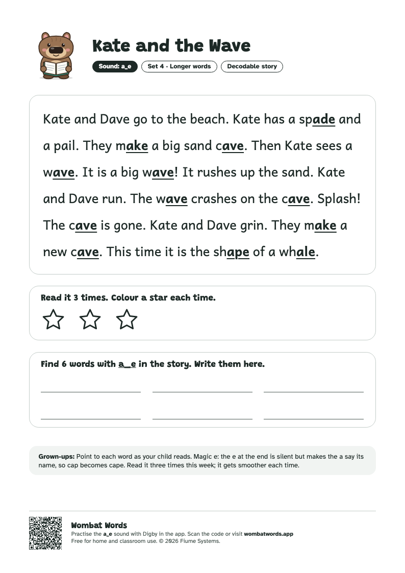 Kate and the Wave: a_e decodable story printable