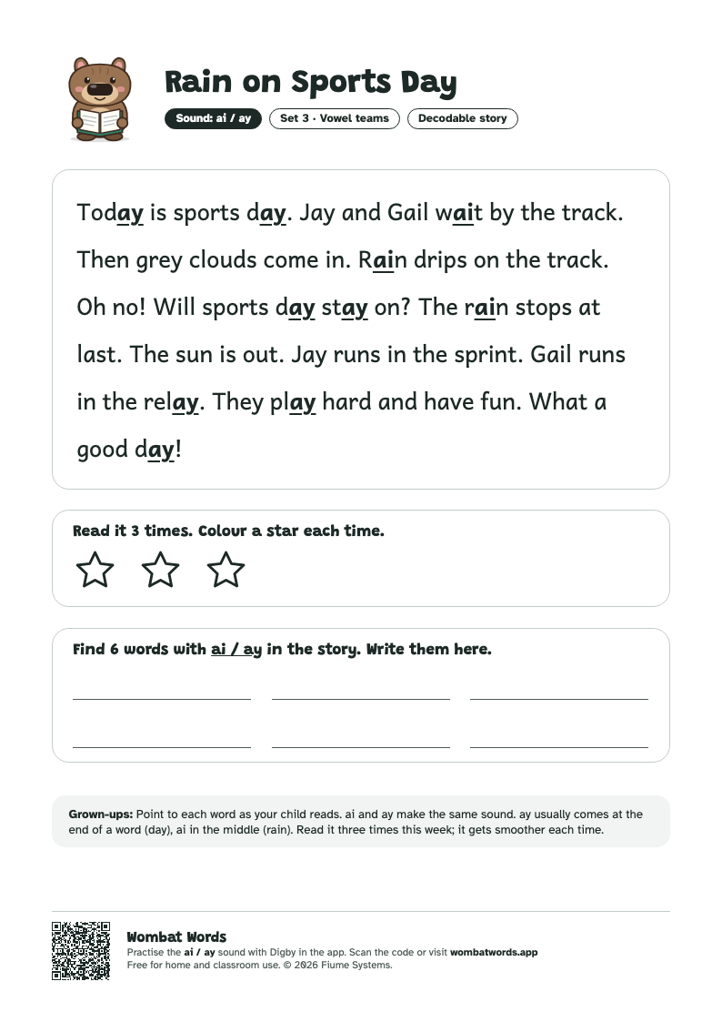 Rain on Sports Day: ai / ay decodable story printable