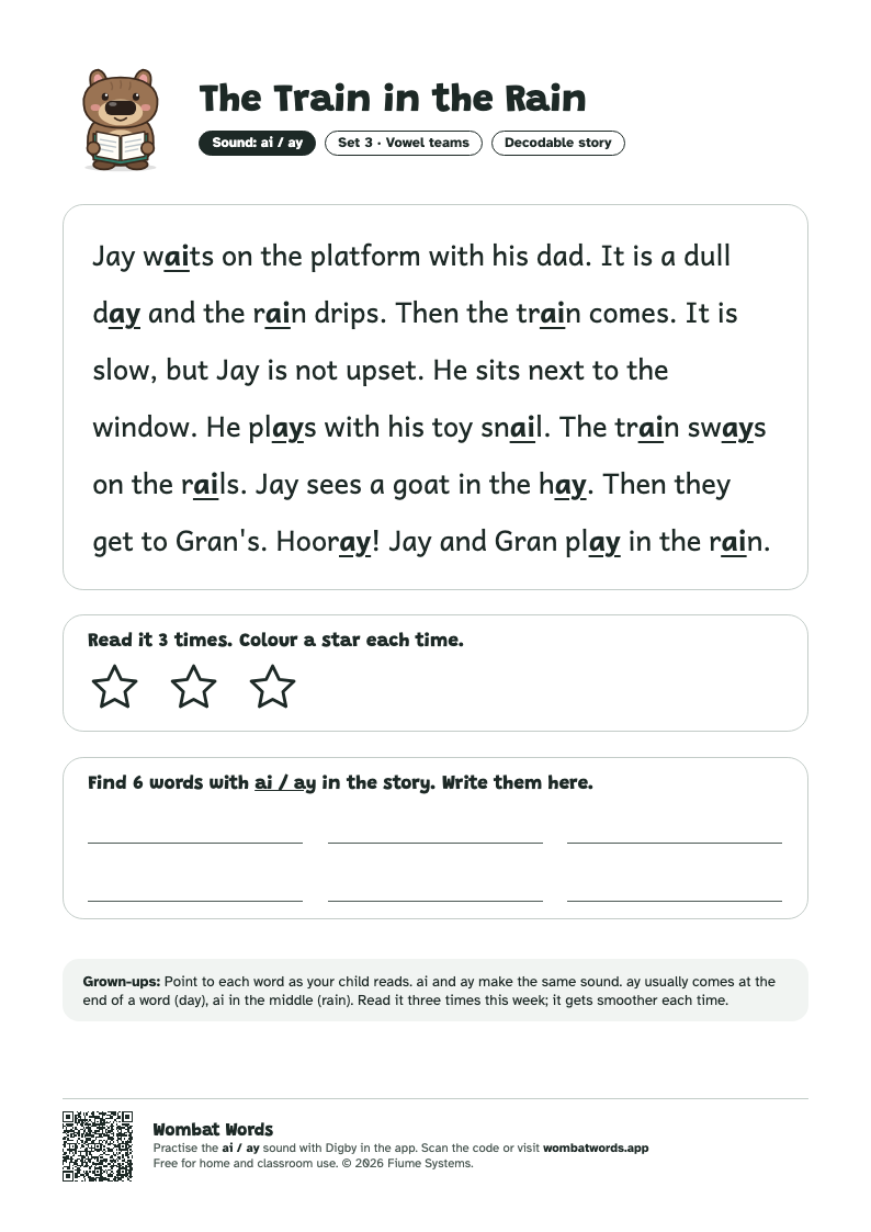 The Train in the Rain: ai / ay decodable story printable