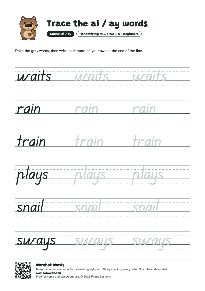 Page 2: VIC / WA / NT Beginners tracing sheet with the words waits, rain, train, plays, snail, sways