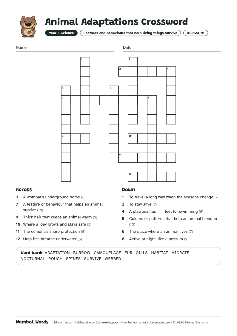 Animal Adaptations crossword puzzle with across and down clues and a word bank