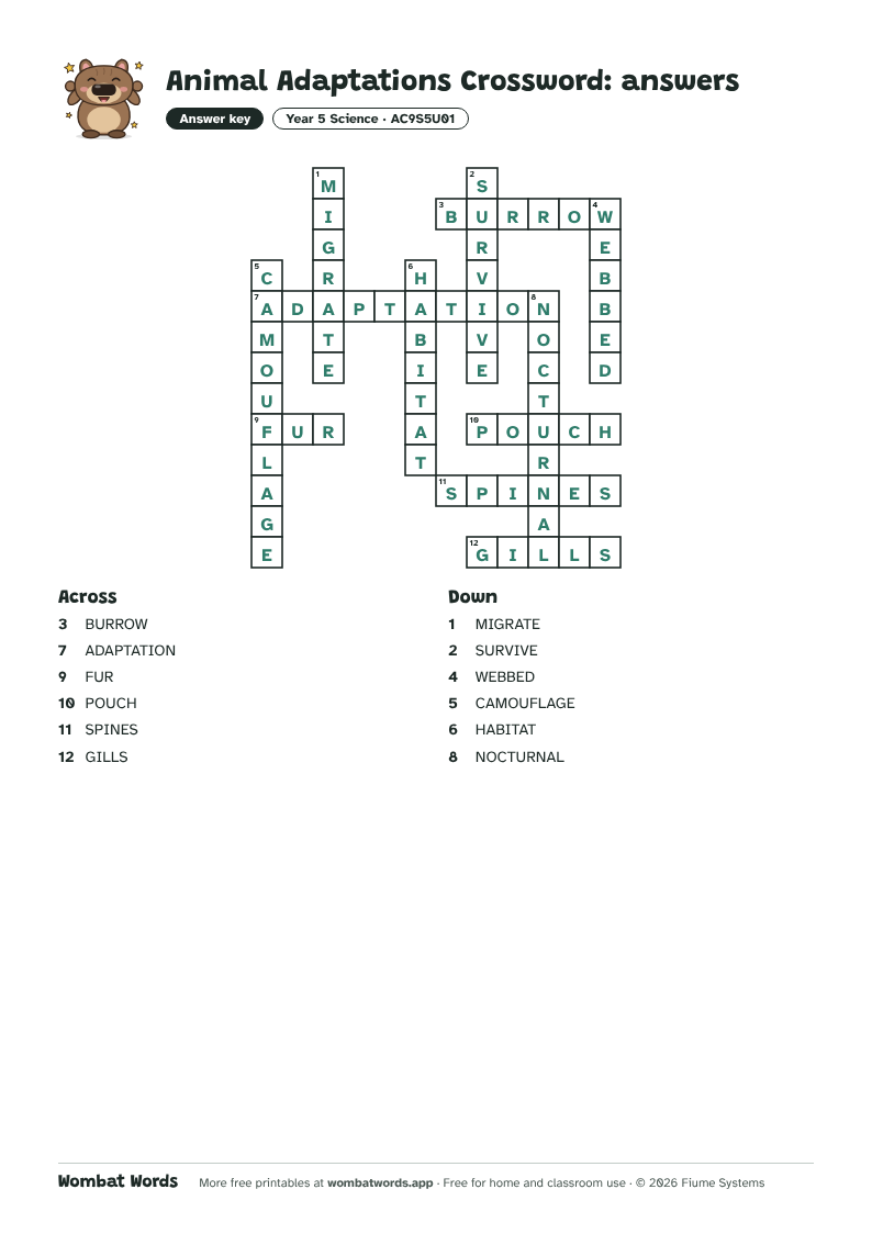 Animal Adaptations crossword answer key