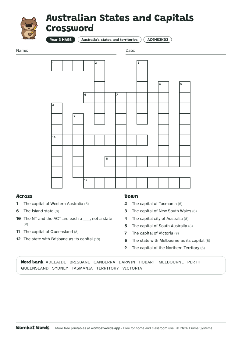 Australian States and Capitals crossword puzzle with across and down clues and a word bank