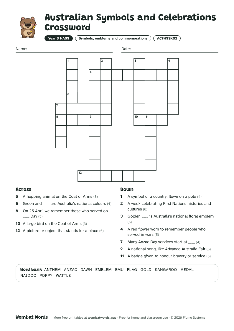 Australian Symbols and Celebrations crossword puzzle with across and down clues and a word bank