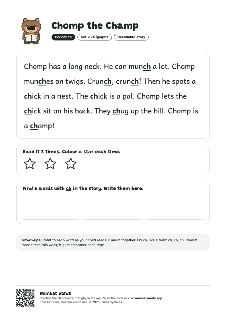 Chomp the Champ: ch decodable story printable