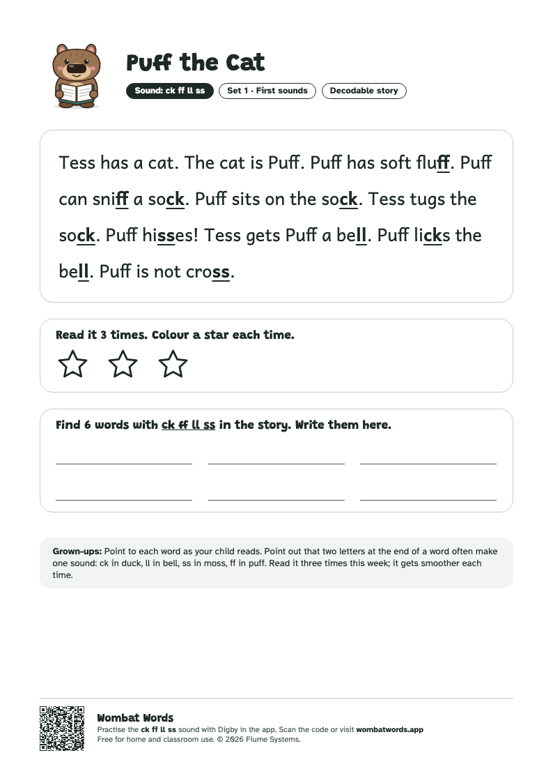 Puff the Cat: ck ff ll ss decodable story printable