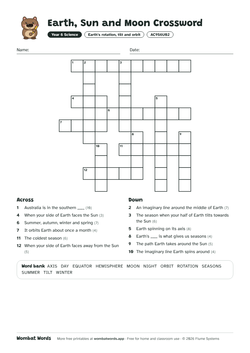 Earth, Sun and Moon crossword puzzle with across and down clues and a word bank
