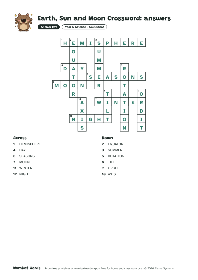 Earth, Sun and Moon crossword answer key