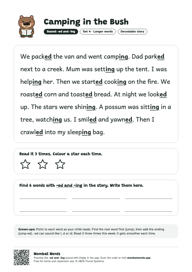 Camping in the Bush: -ed and -ing decodable story printable