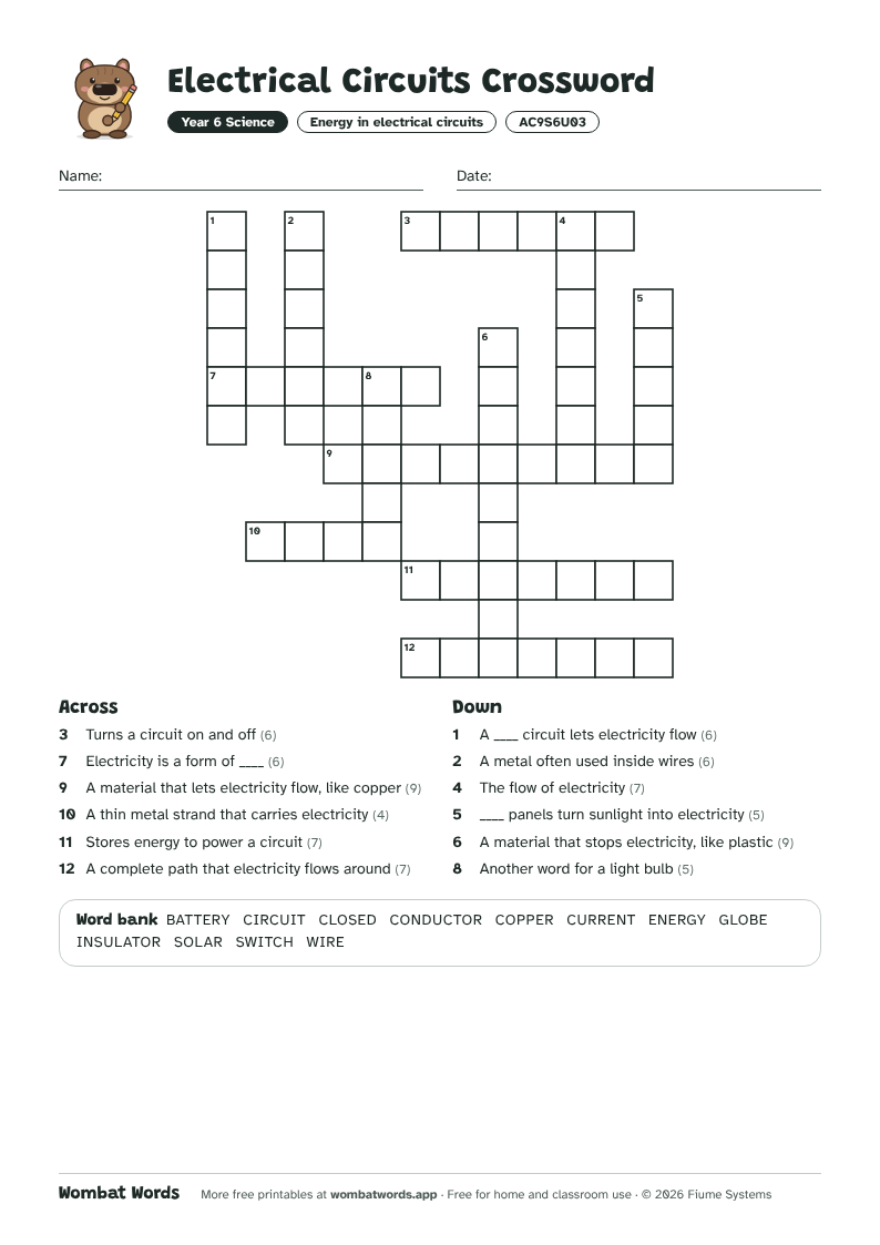 Electrical Circuits crossword puzzle with across and down clues and a word bank
