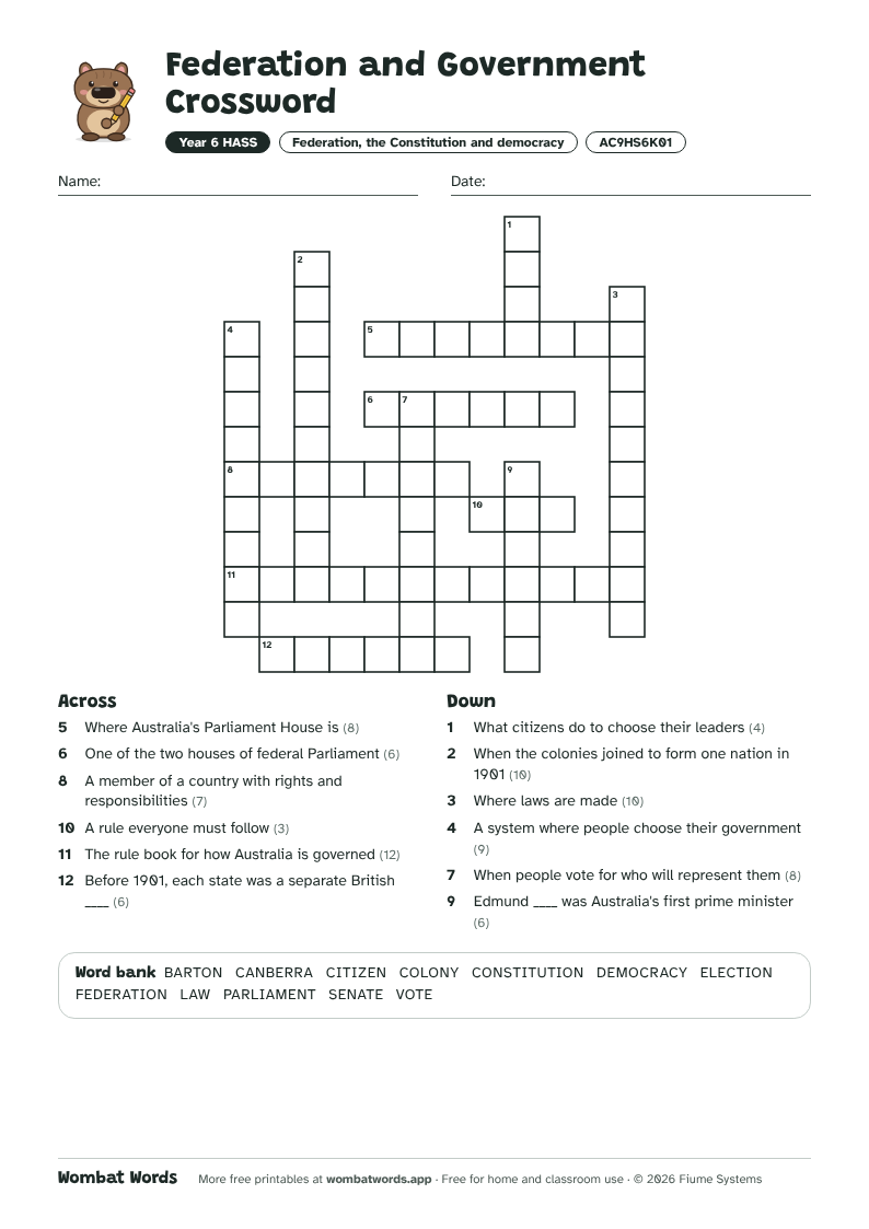 Federation and Government crossword puzzle with across and down clues and a word bank