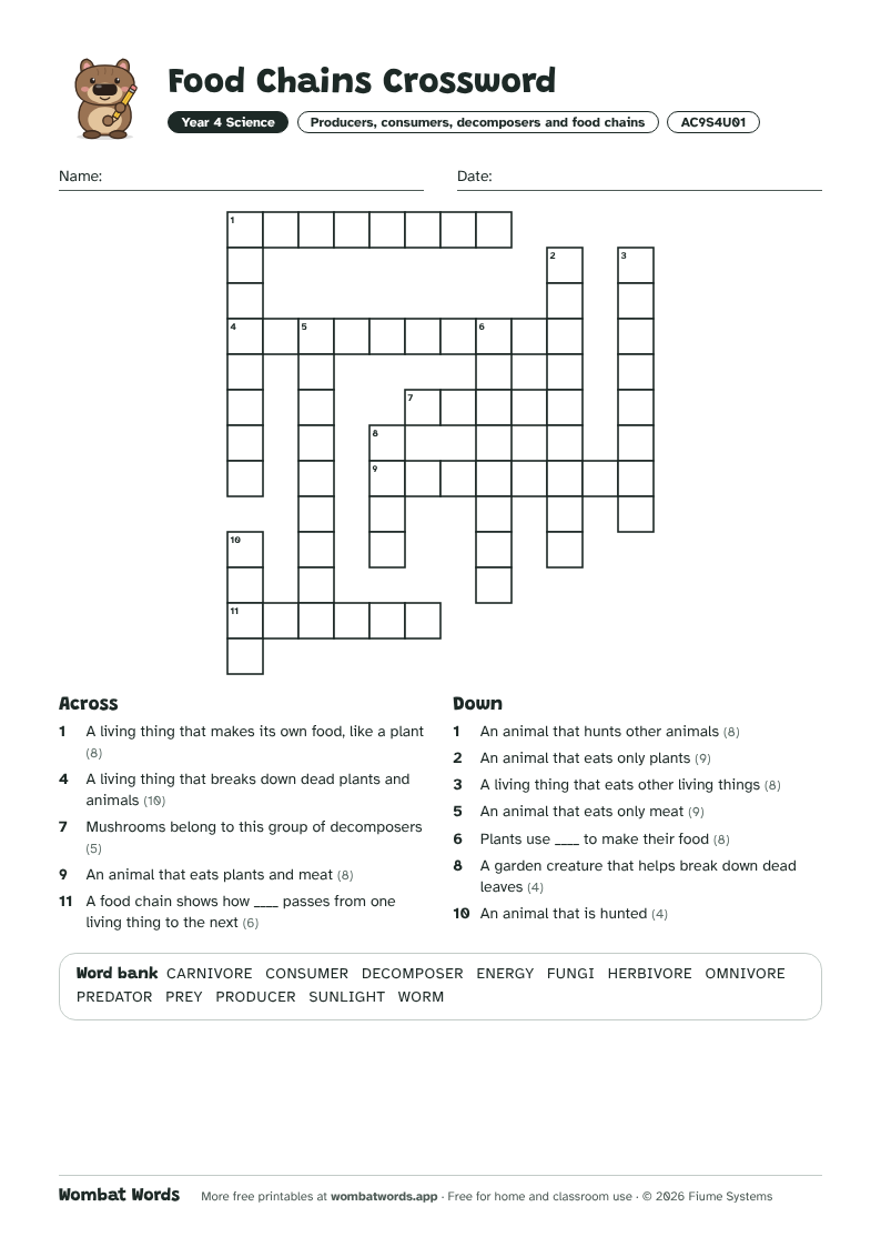 Food Chains crossword puzzle with across and down clues and a word bank