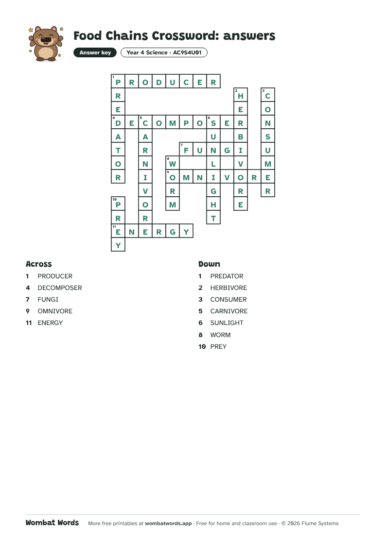 Food Chains crossword answer key
