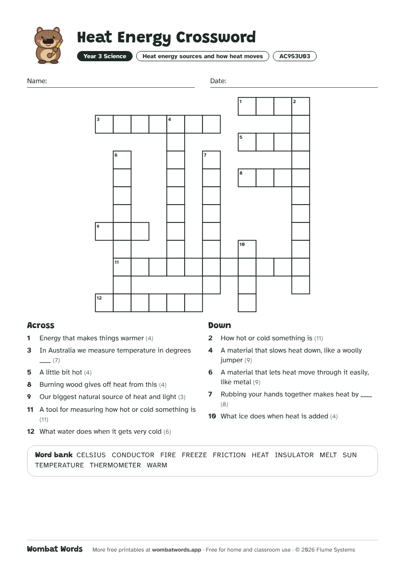 Heat Energy crossword puzzle with across and down clues and a word bank