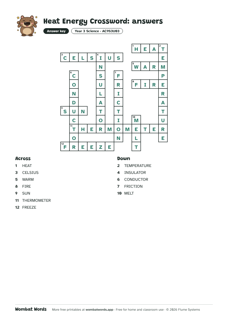 Heat Energy crossword answer key