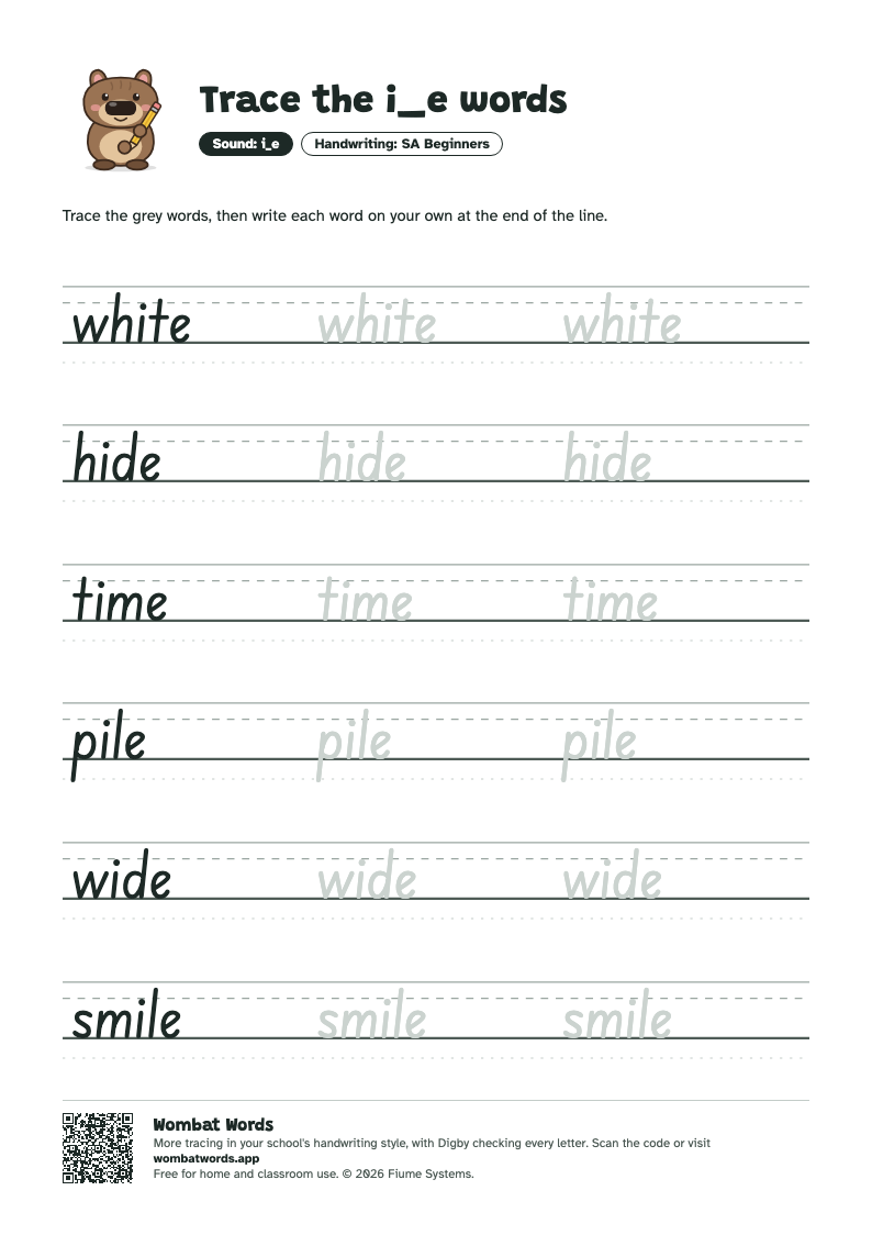 Page 2: SA Beginners tracing sheet with the words white, hide, time, pile, wide, smile