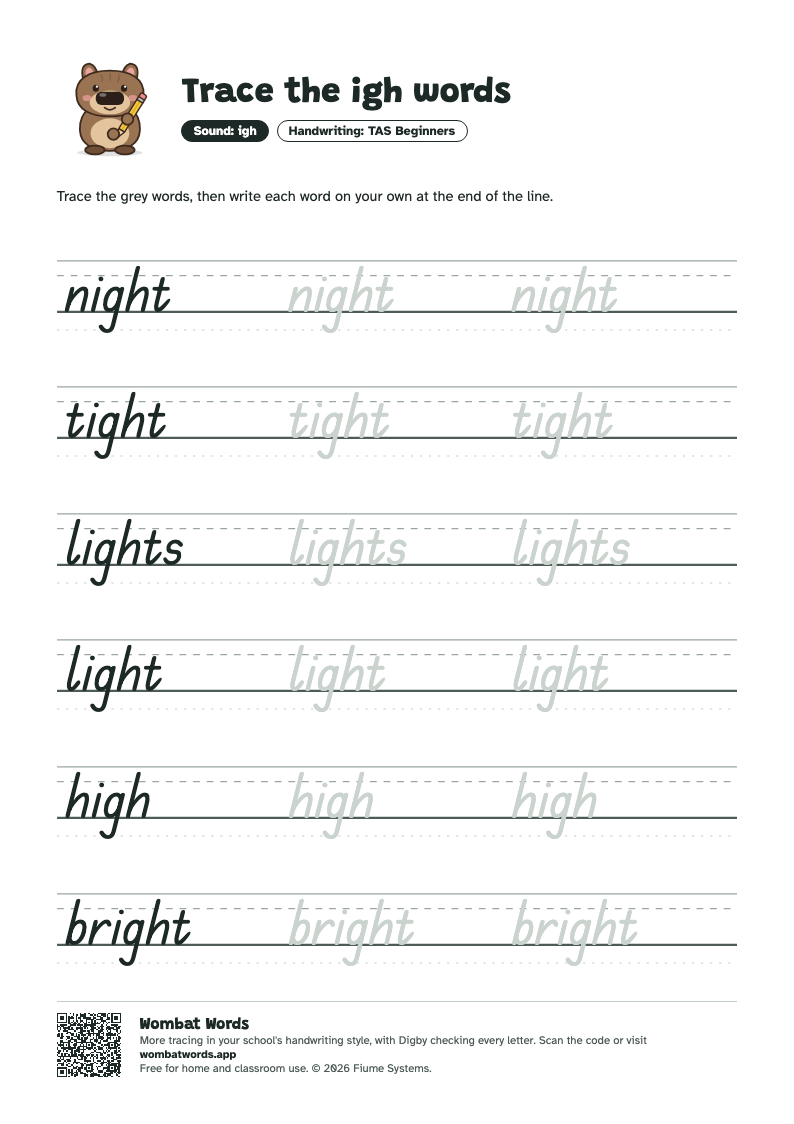 Page 2: TAS Beginners tracing sheet with the words night, tight, lights, light, high, bright