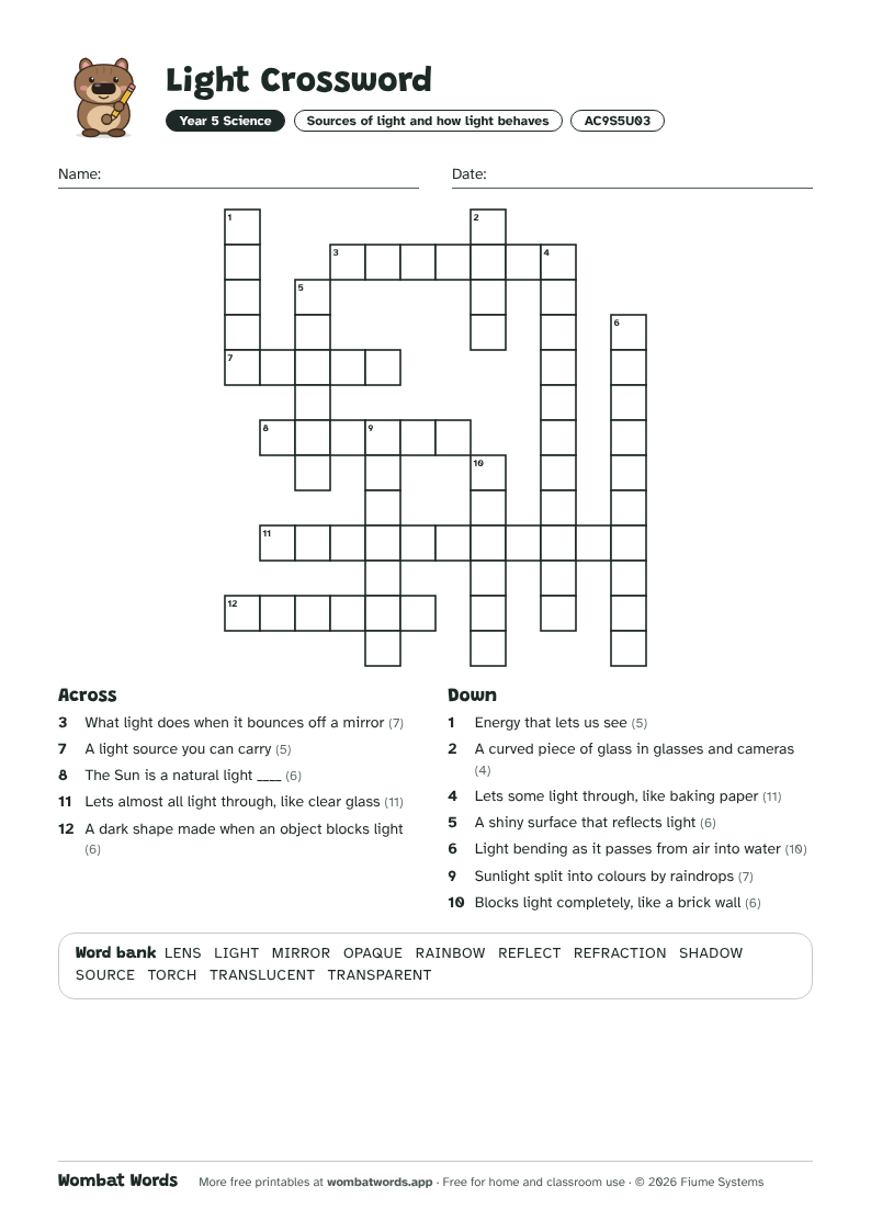 Light crossword puzzle with across and down clues and a word bank