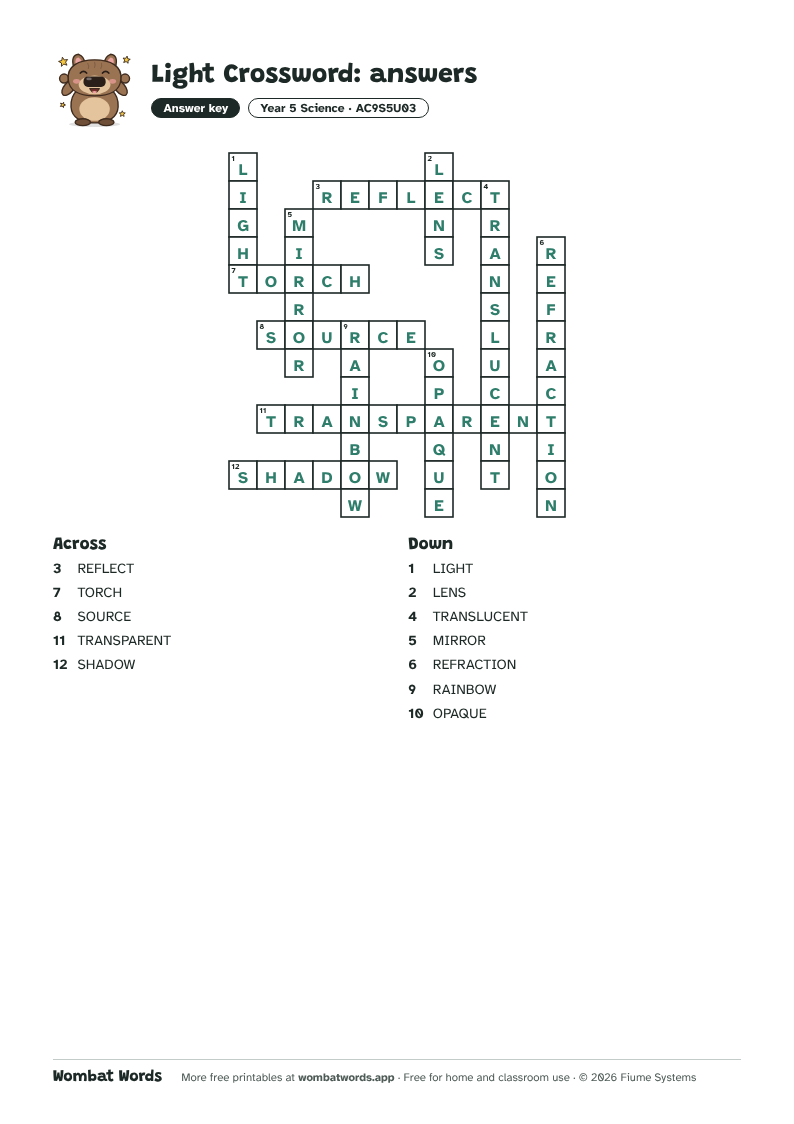 Light crossword answer key