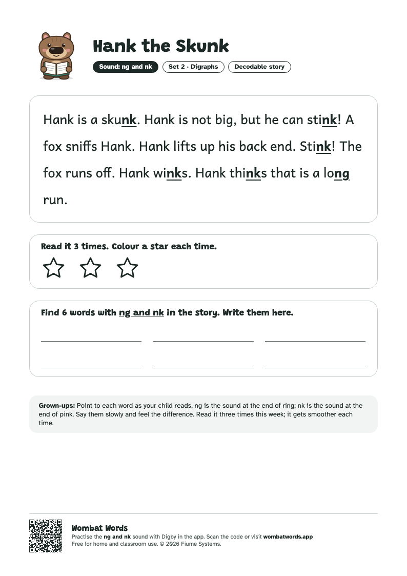 Hank the Skunk: ng and nk decodable story printable