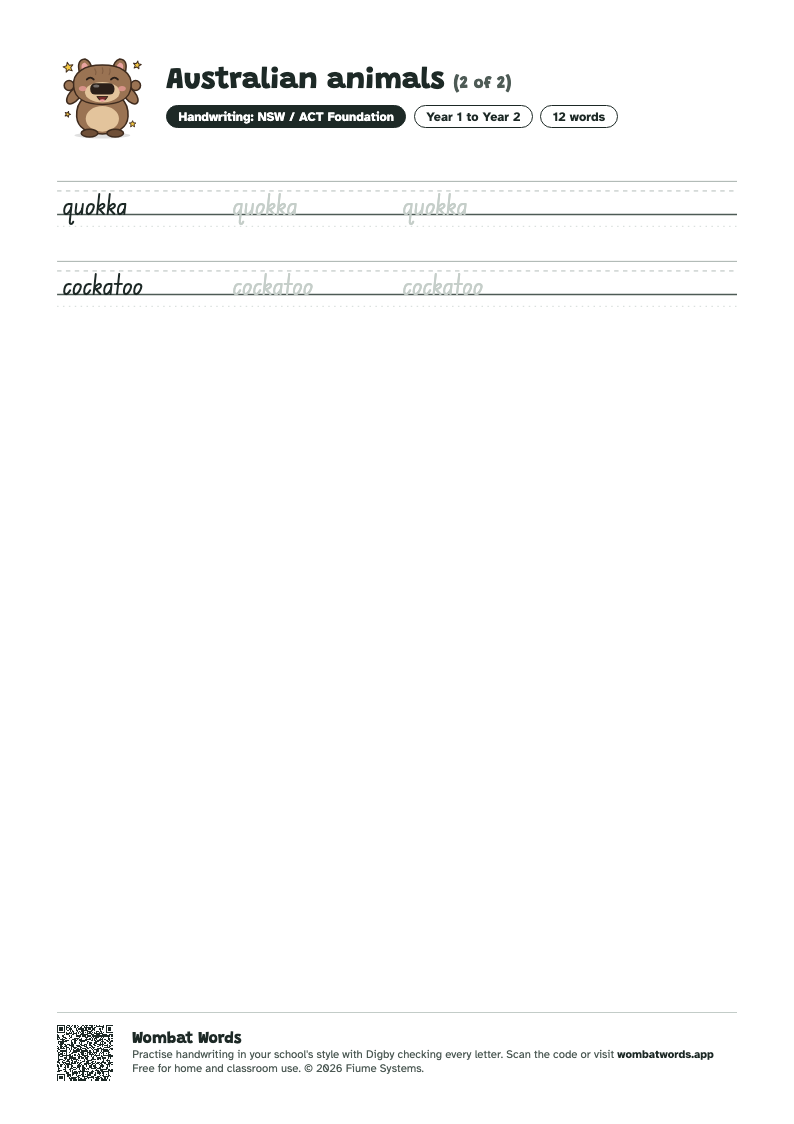 Page 2 of the Australian animals worksheet