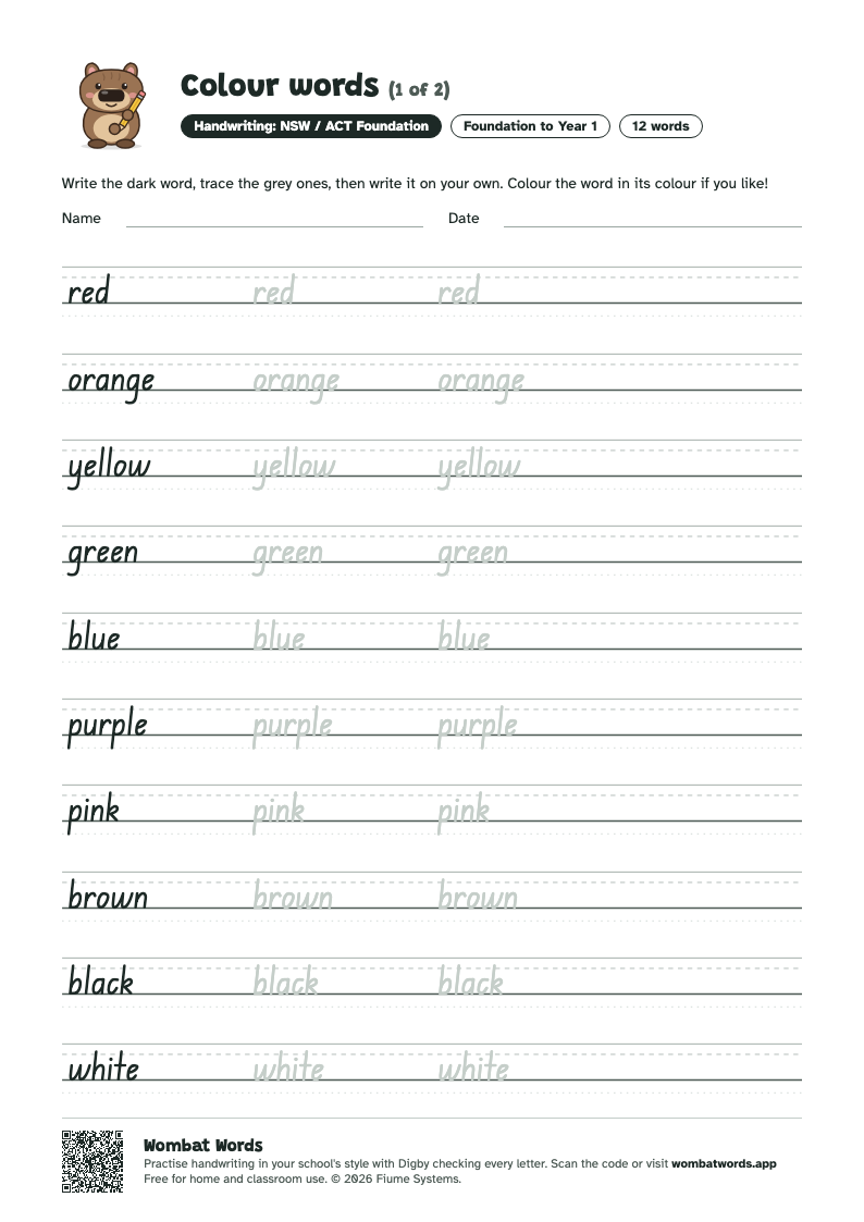 Colour words worksheet in NSW / ACT Foundation handwriting