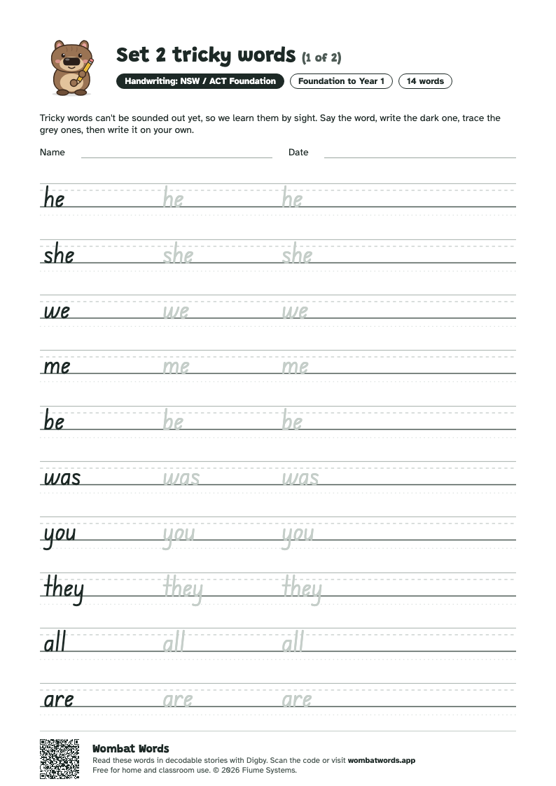 Set 2 tricky words worksheet in NSW / ACT Foundation handwriting