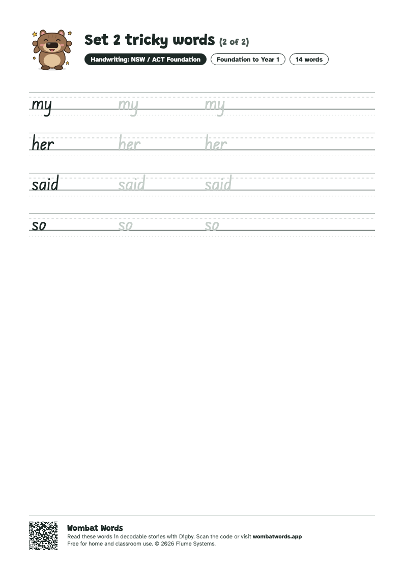 Page 2 of the Set 2 tricky words worksheet