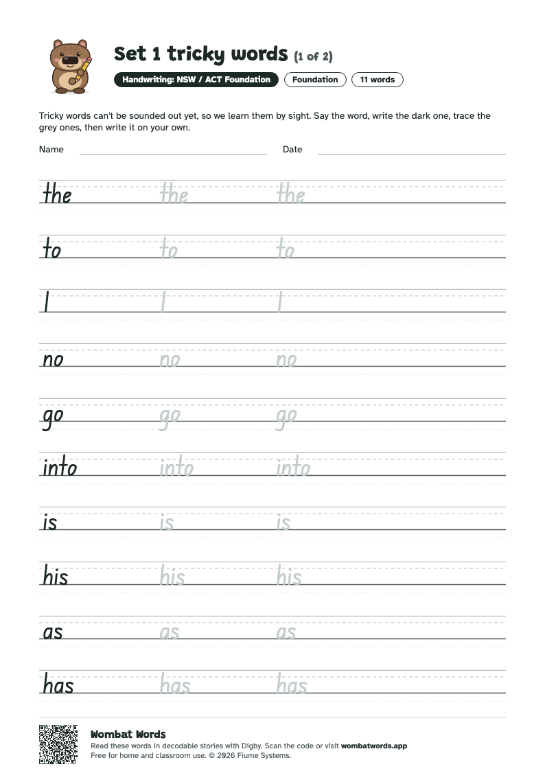 Set 1 tricky words worksheet in NSW / ACT Foundation handwriting