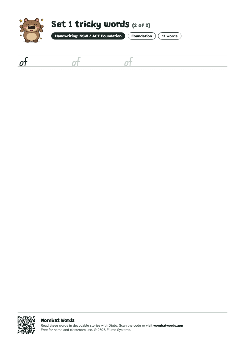Page 2 of the Set 1 tricky words worksheet