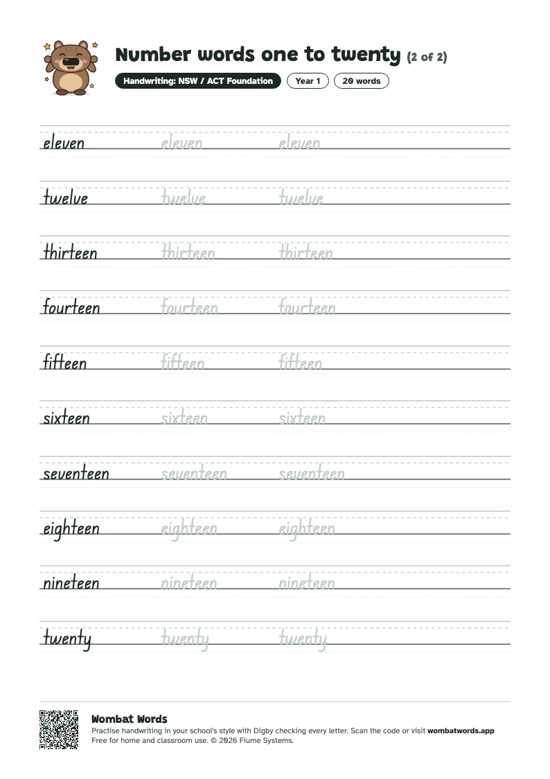 Page 2 of the Number words one to twenty worksheet