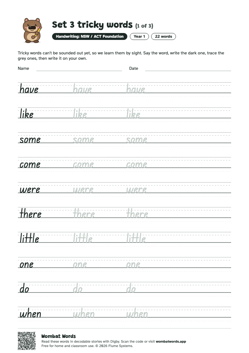 Set 3 tricky words worksheet in NSW / ACT Foundation handwriting