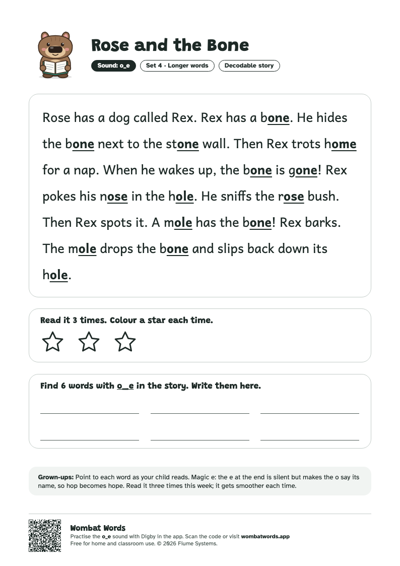 Rose and the Bone: o_e decodable story printable