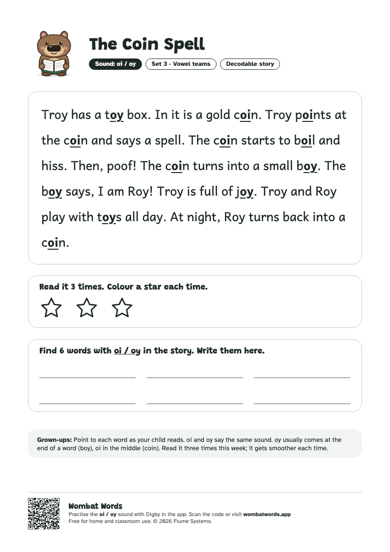 The Coin Spell: oi / oy decodable story printable