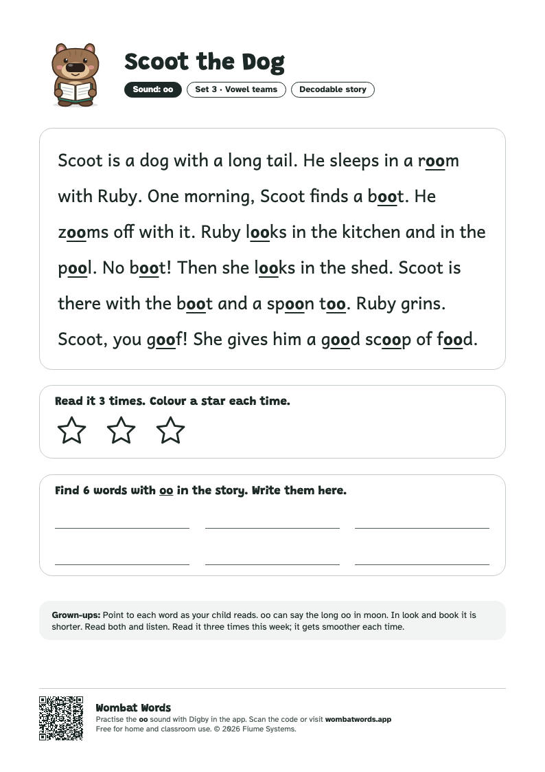 Scoot the Dog: oo decodable story printable