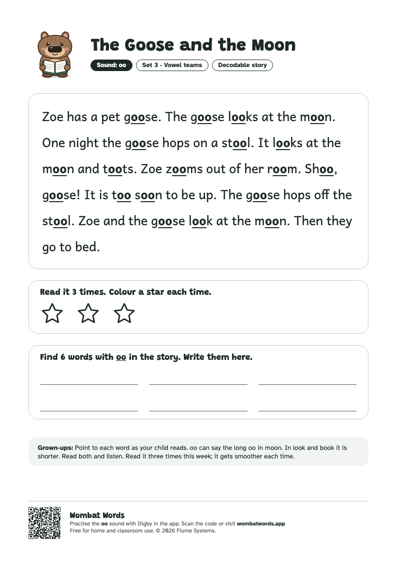 The Goose and the Moon: oo decodable story printable