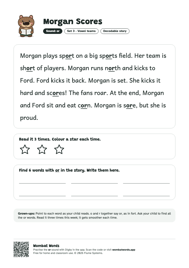 Morgan Scores: or decodable story printable