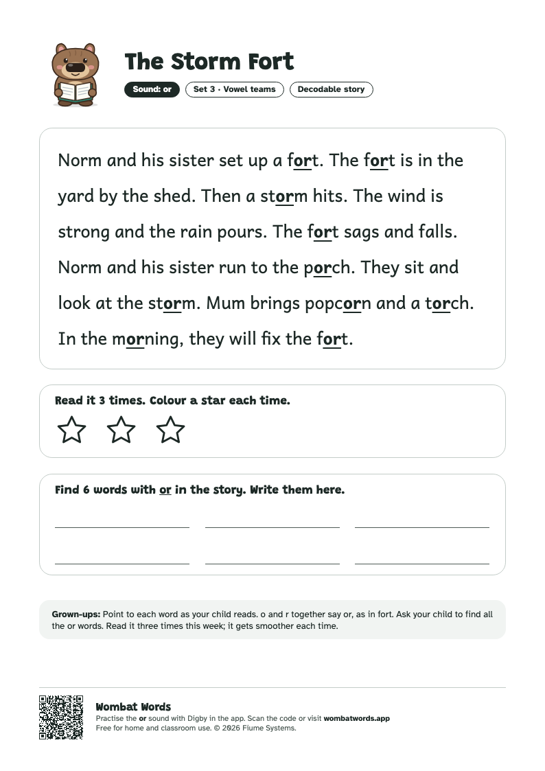 The Storm Fort: or decodable story printable