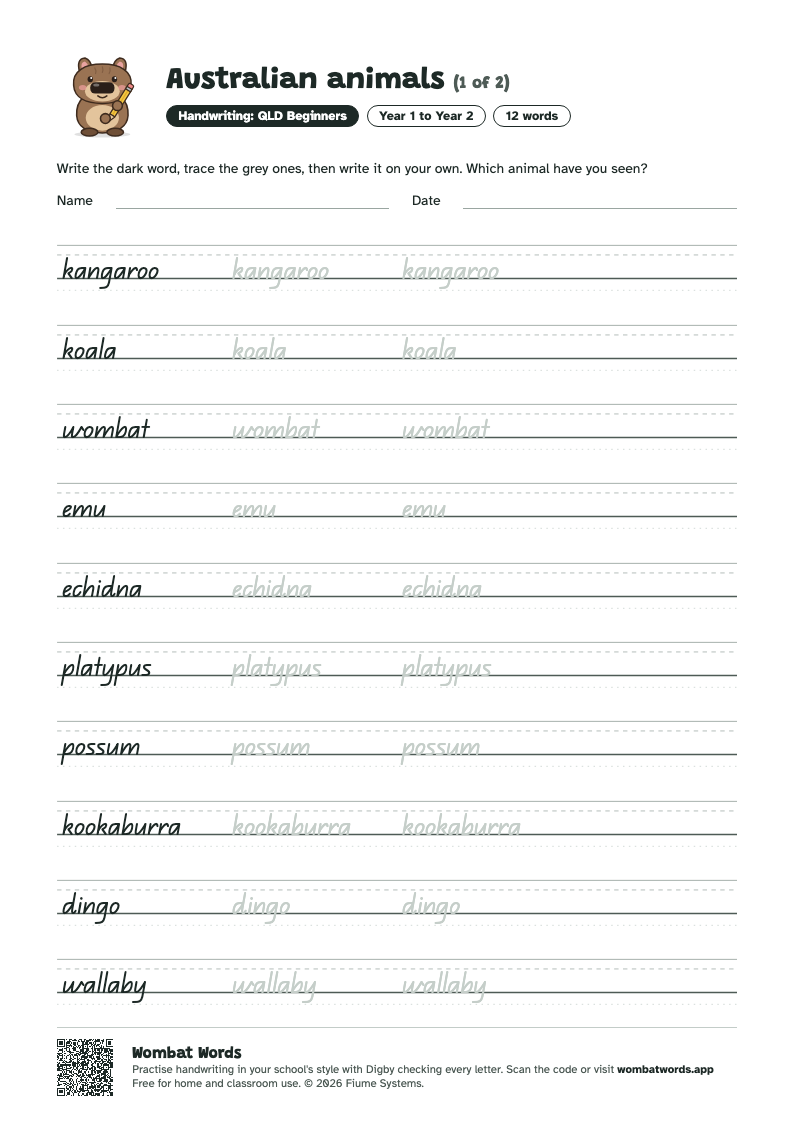 Australian animals worksheet in QLD Beginners handwriting