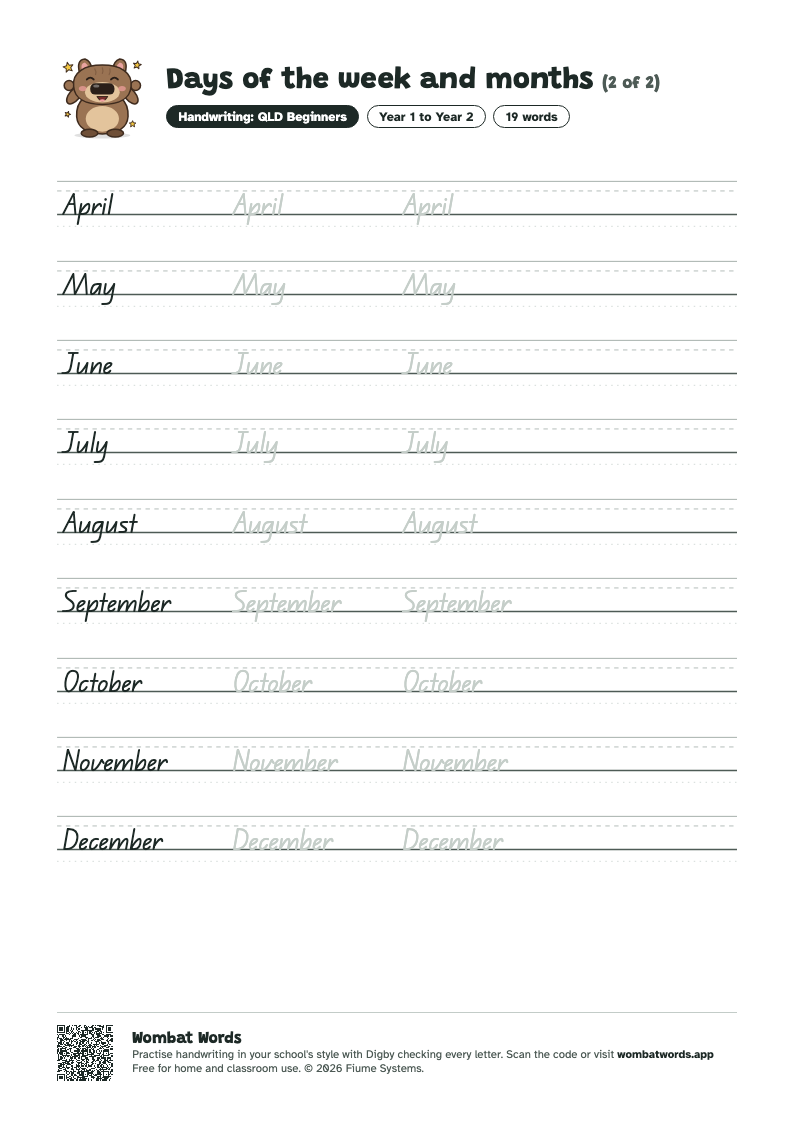 Page 2 of the Days of the week and months worksheet