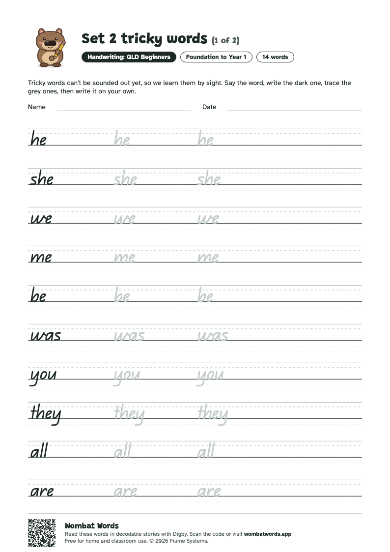 Set 2 tricky words worksheet in QLD Beginners handwriting