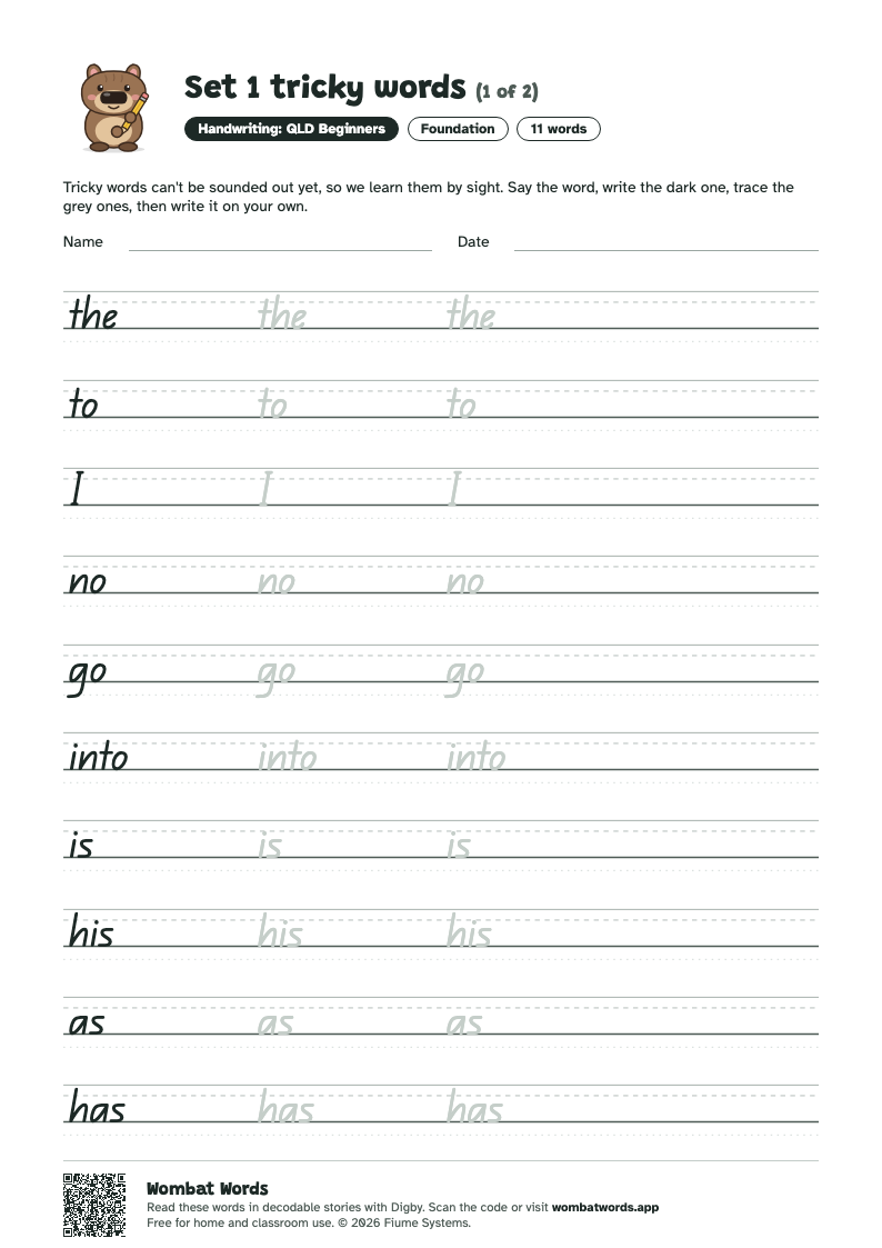 Set 1 tricky words worksheet in QLD Beginners handwriting