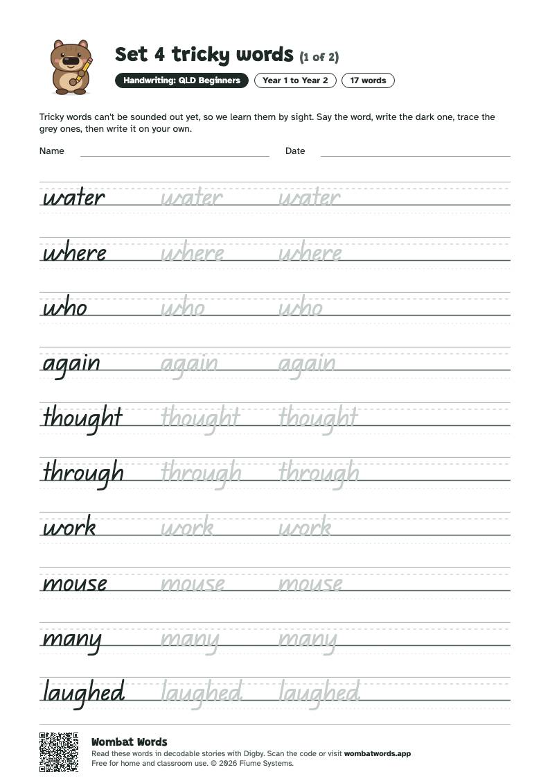 Set 4 tricky words worksheet in QLD Beginners handwriting