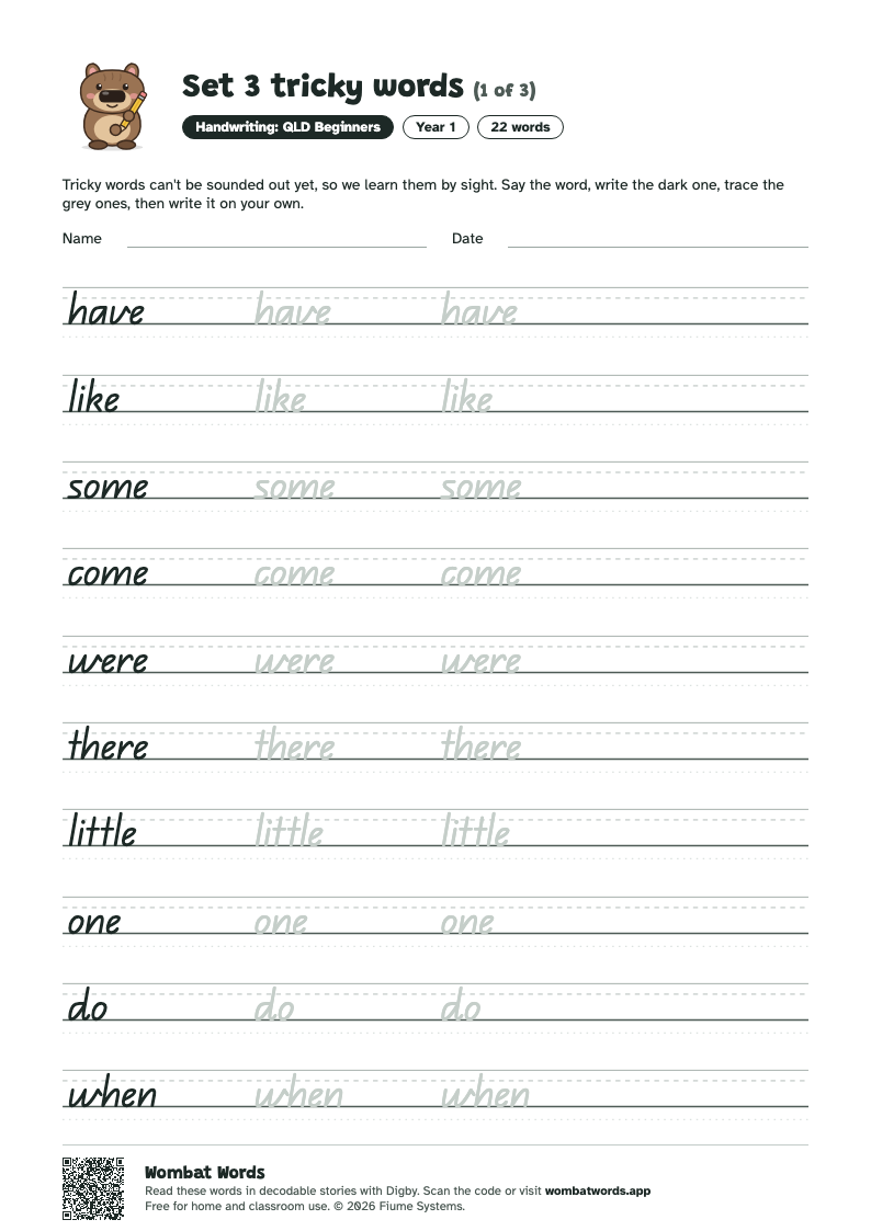 Set 3 tricky words worksheet in QLD Beginners handwriting