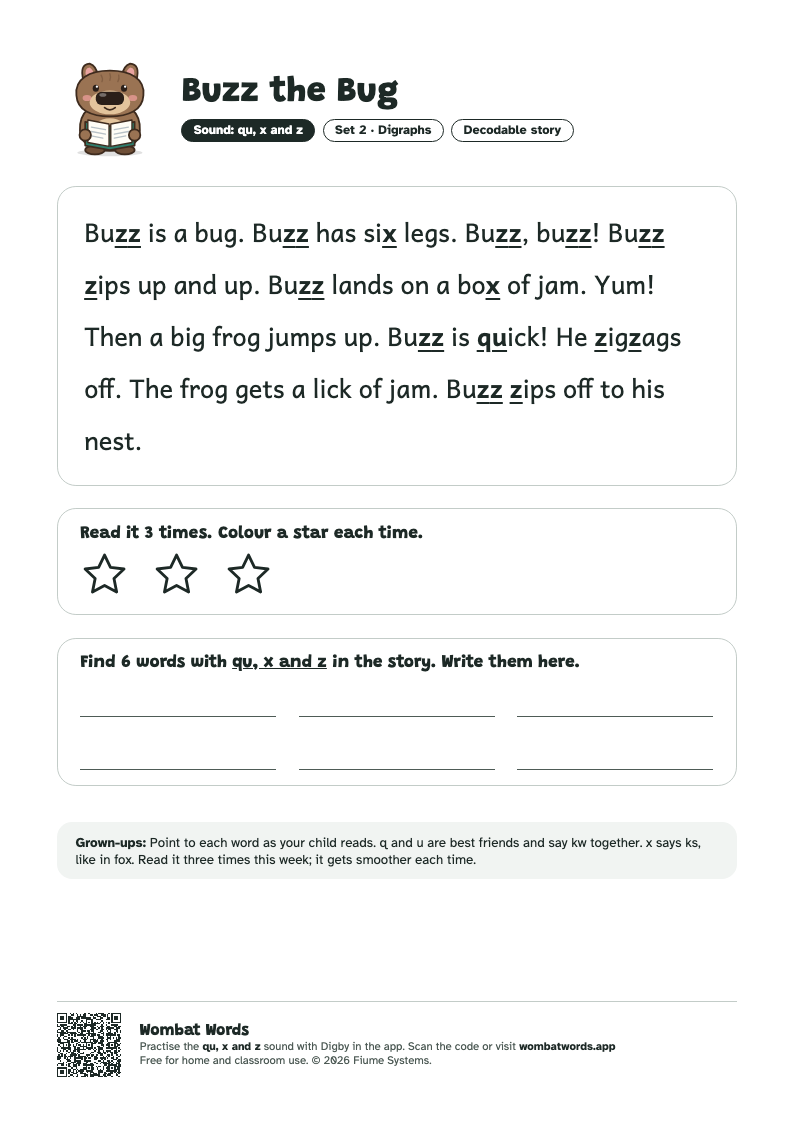 Buzz the Bug: qu, x and z decodable story printable