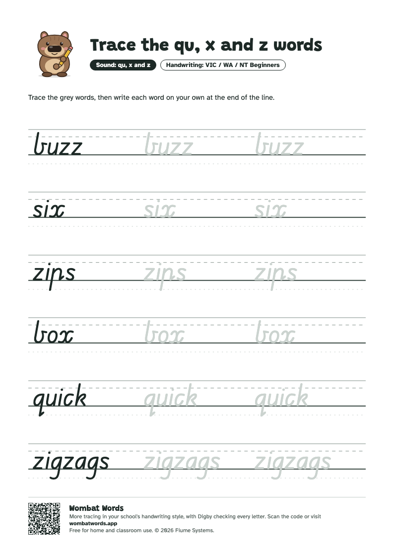 Page 2: VIC / WA / NT Beginners tracing sheet with the words buzz, six, zips, box, quick, zigzags