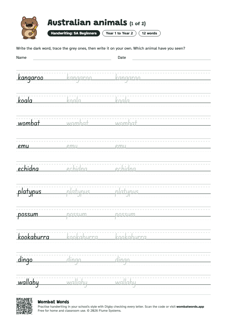Australian animals worksheet in SA Beginners handwriting