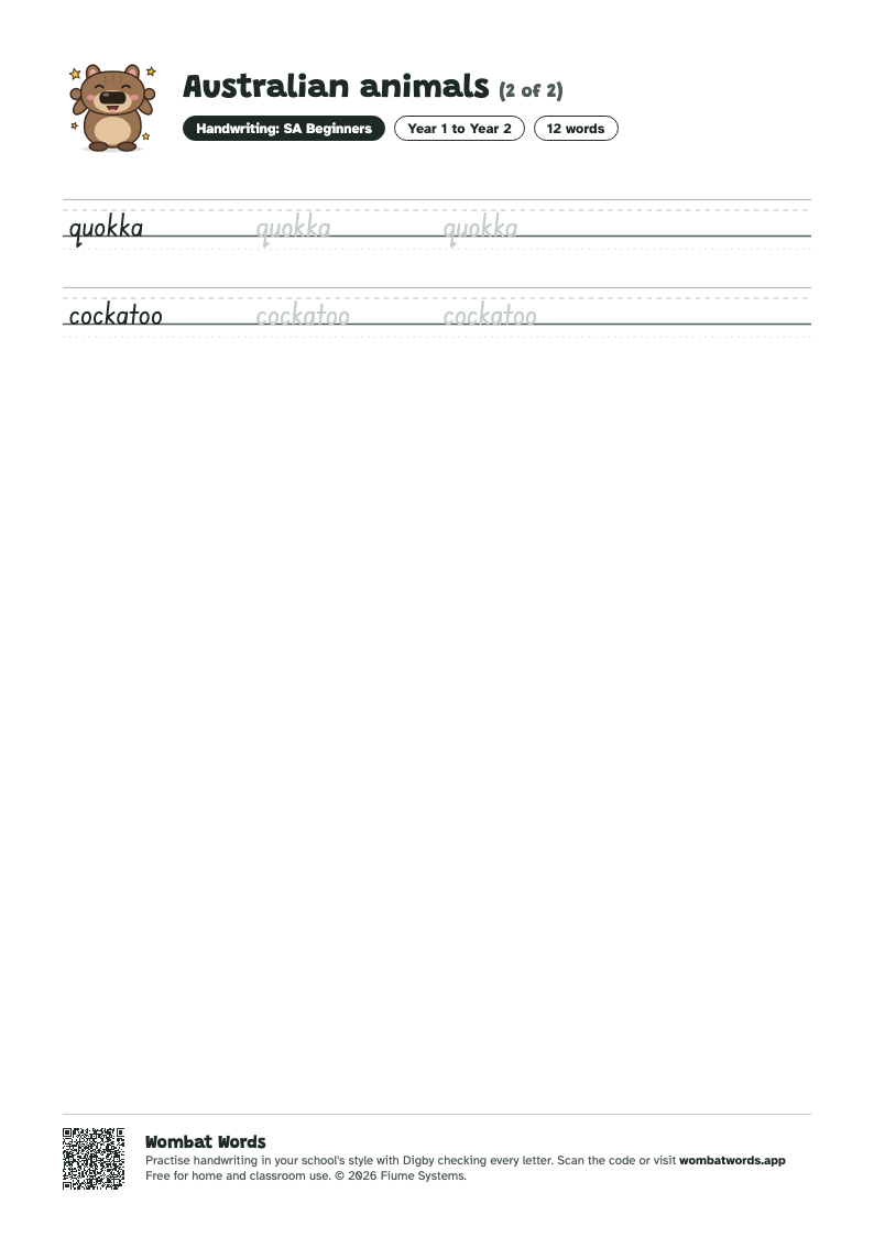Page 2 of the Australian animals worksheet