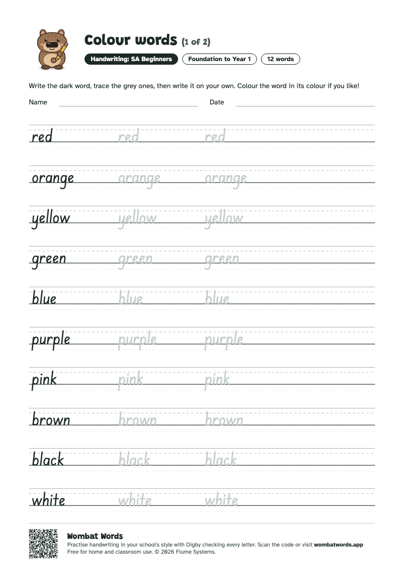 Colour words worksheet in SA Beginners handwriting