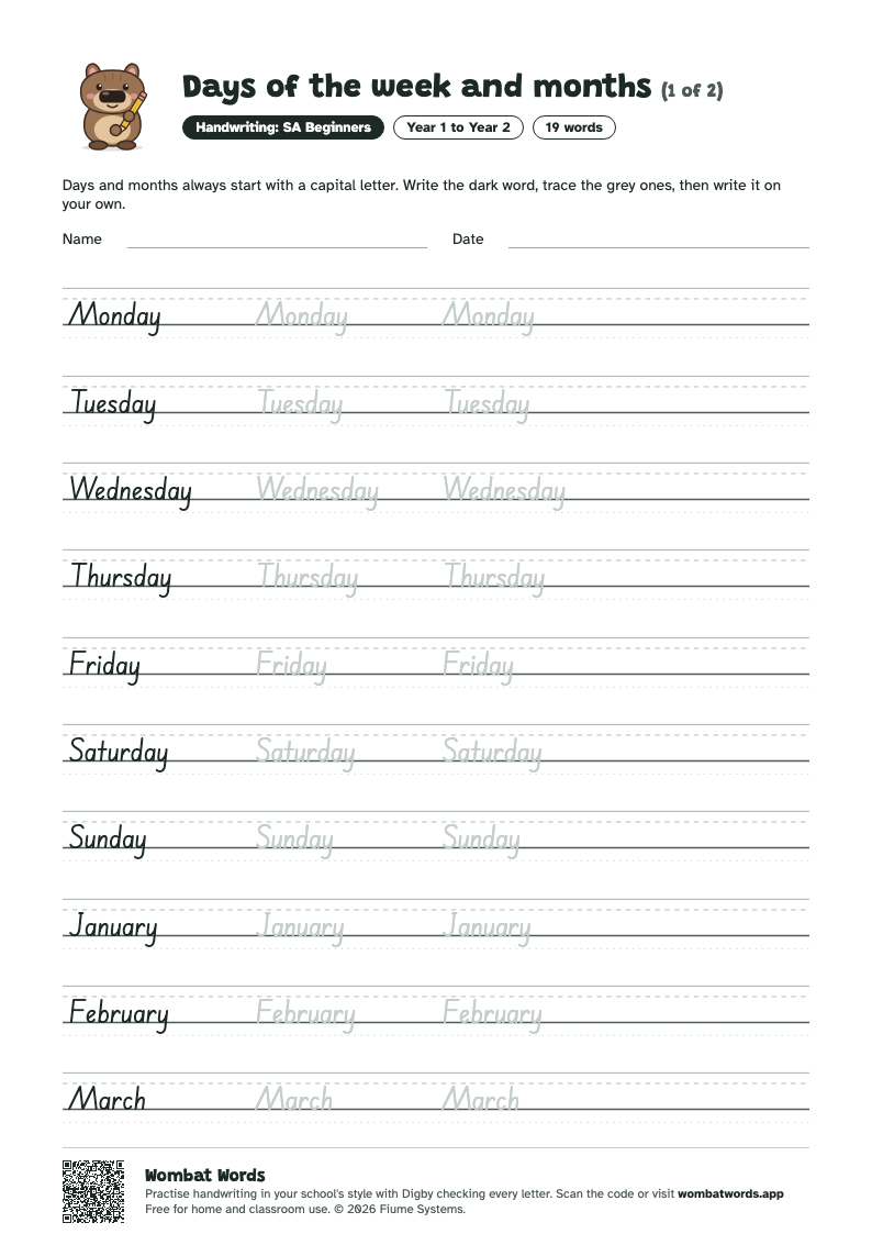 Days of the week and months worksheet in SA Beginners handwriting